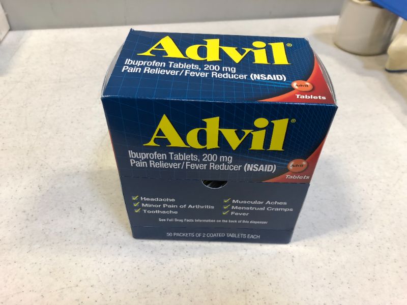 Photo 2 of Advil Pain Reliever and Fever Reducer, Pain Relief Medicine with Ibuprofen 200mg for Headache, Backache, Menstrual Pain and Joint Pain Relief - 100 Coated Tablets
