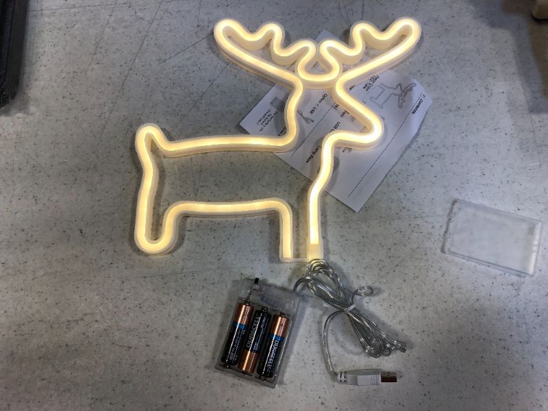 Photo 2 of Warm White Reindeer Indoor Night Table Lights with Battery or USB Powered, Christmas Decorations Indoor LED Neon Signs Lights for Room, Wall, Christmas Tree Decor, for Kids, Friends
