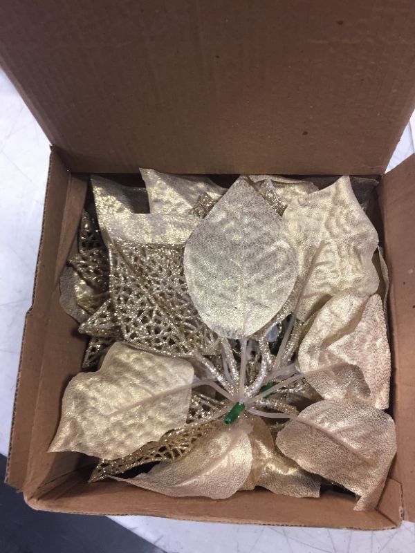 Photo 2 of 10 Pack Christmas Poinsettia Flowers Glitter Poinsettia Bushes Christmas Tree Flowers Christmas Poinsettia Ornament, Artificial Poinsettia Flowers Christmas Decorations Champagne Gold
