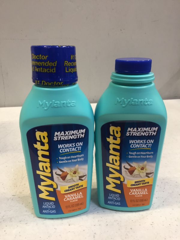 Photo 2 of 2 Mylanta Antacid and Gas Relief, Maximum Strength Formula, Vanilla Caramel Flavor, 12 Fluid Ounce EXP 10/2023
