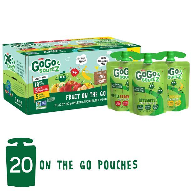 Photo 1 of GoGo squeeZ Applesauce Pouches, Apple Apple, Apple Banana, Apple Strawberry, 20 Pack EXP 1/11/2022
