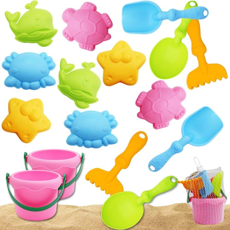 Photo 1 of Chussaanj 16 PCS Beach Sand Toys Set,Kids Sand Play Set with Bucket,2 Sets of Beach Shovels Rakes Tool,Sand Molds for Toddlers Kids Outdoor Play
