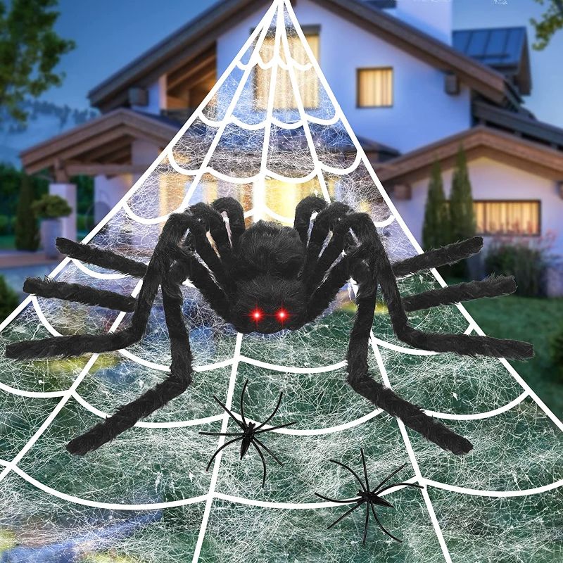 Photo 1 of ** INCOMPLETE ** ( ONLY COMES WITH GIANT SPIDER) Halloween Spider Decorations 200" Triangular Spider Web 50" Giant Spiders with Red Eyes & Terrible Sound Stretch Cobweb with 2 Small Spiders for Scary Indoor Outdoor Halloween Decorations (Black) 