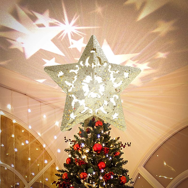 Photo 1 of Christmas Tree Topper Projector, LED Star Tree Topper Light , Glitter Gold Star Topper Projector with Rotating Star Projection for Indoor Christmas Tree Decor, Xmas Decorations
