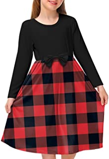 Photo 1 of BesserBay Girls Vintage 50'S Rockablilly Color Block Bow Front Swing Dress 4T Red Plaid and Black
