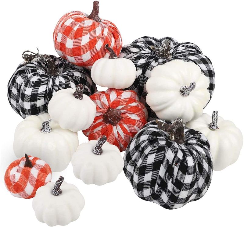 Photo 1 of FUNARTY 12pcs Pumpkin Decor Buffalo Plaid Artificial Pumpkins Decorations with Assorted Color and Size for Fall Halloween Outdoor Thanksgiving Decorating
