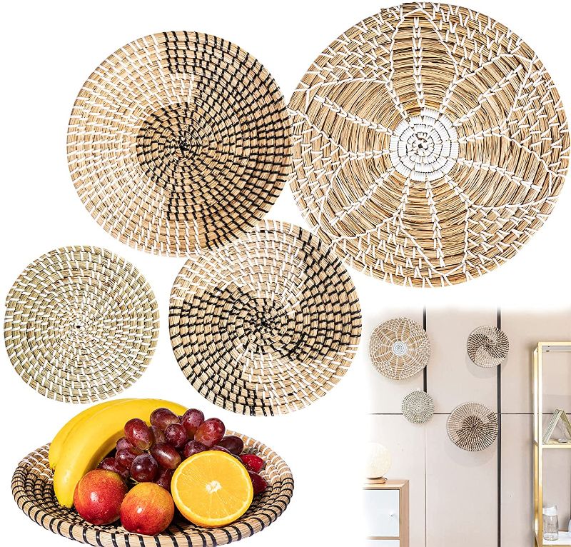 Photo 1 of 4pcs Boho Wall Decor Handmade Woven Basket Wall Hanging Baskets Decor Decorative Seagrass Bowls and Trays Accessories for Home Kitchen Living Room Bedroom
