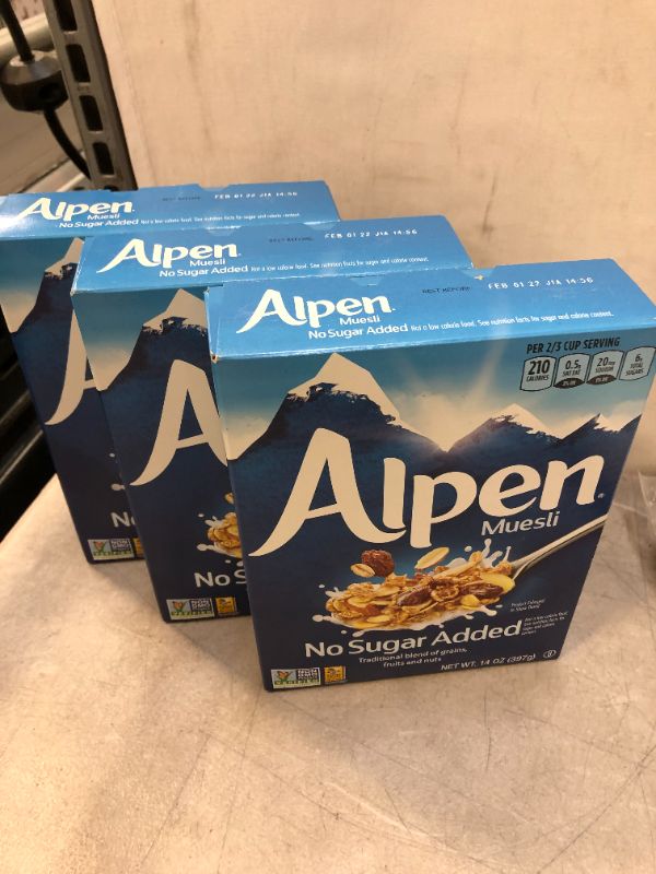 Photo 2 of Alpen No Sugar Added Muesli, Swiss Style Muesli Cereal, Whole Grain, Non-GMO Project Verified, Heart Healthy, Kosher, Vegan, No Sugar Added, 3 PACK EXP FEB 1 2022
