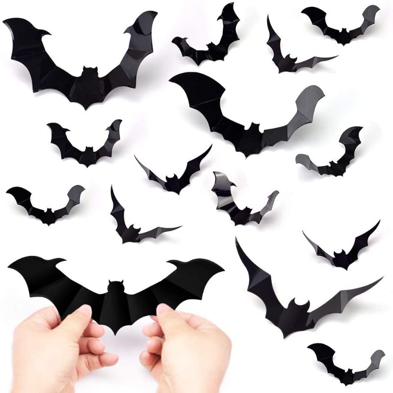 Photo 1 of Hely Cancy Halloween Bats Decorations,60PCS PVC Bat Wall Decals Stickers,3 Styles 3D Removable Wall Sticker with 4 Different Sizes for Halloween Decor Party Favors Props Supplies Cemetery Decor
