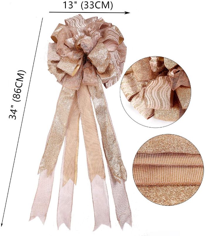 Photo 1 of `Flash World Christmas Tree Topper,27x12 Inches Large Toppers Bow with Streamer Wired Edge for Christmas Decoration (Rose Gold)
