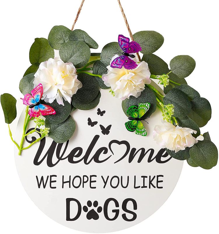 Photo 1 of **new brand***Welcome Sign for Front Door, Dog Welcome Wreath Sign for Farmhouse Front Porch Decor, Welcome Sign Wooden Decor, Home Wreath Sign Hanging for Decor Gifts 12 Inches (White)
