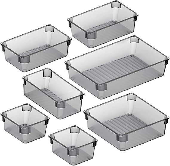 Photo 1 of Puroma 7-pcs Desk Drawer Organizer Trays, 4 Different Sizes Large Capacity Plastic Bins Kitchen Drawer Organizers Bathroom Drawer Dividers for Makeup, Kitchen Utensils, Jewelries and Gadgets(Grey)
