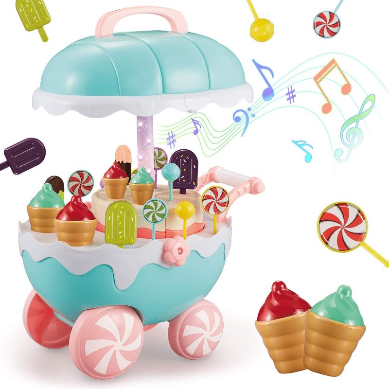 Photo 1 of INFANT MOMENT Ice Cream Toy Cart, 17PCS Rotating Pretend Play Food Mini Set with Music and Light, DIY Assembly Role Play Toy, Educational Kids Toy for Interaction, Gifts for Kids Age 3 4 5 6 7(Green)
