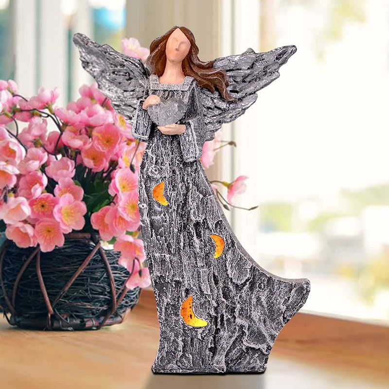 Photo 1 of Angel Figurine, Praying Angel Sculpture Figurine Holding Heart, Lighted Angel Fairy Statues Remembrance Angel, 11'' Tall Resin Collectible Ornament for Indoor Outdoor Decor
