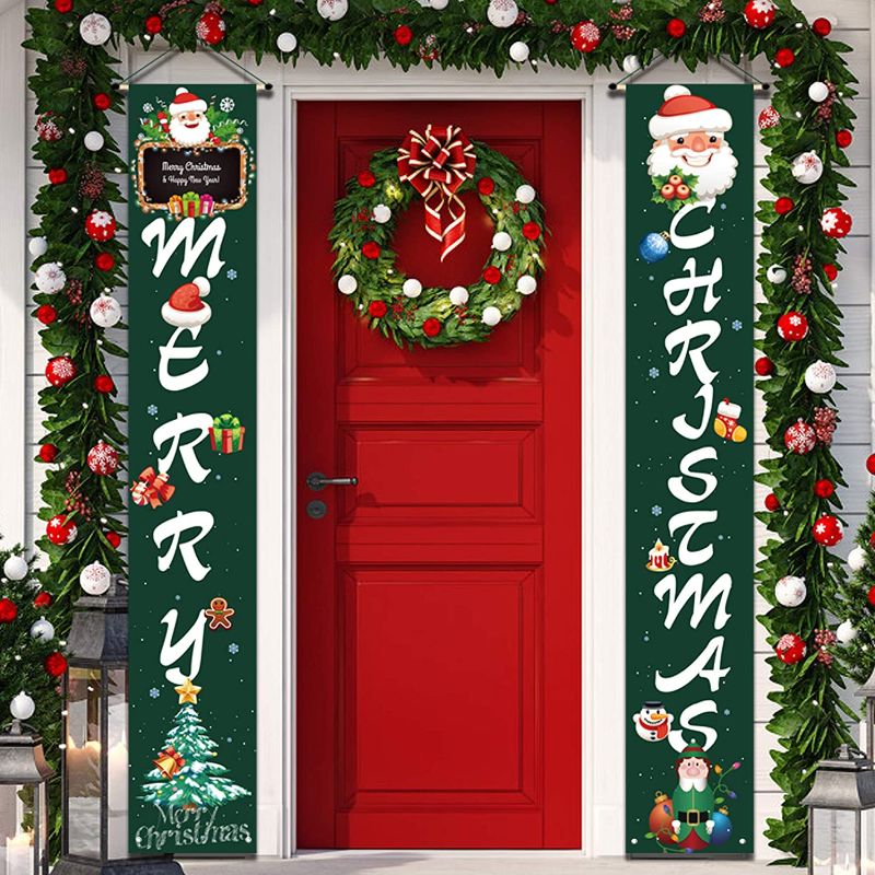 Photo 1 of YUFOL Outdoor Christmas Door Decorations | Merry Christmas Banner Sign,Hanging Christmas Door Decorations for Home Porch Front Wall Party Christmas Decor Flags
