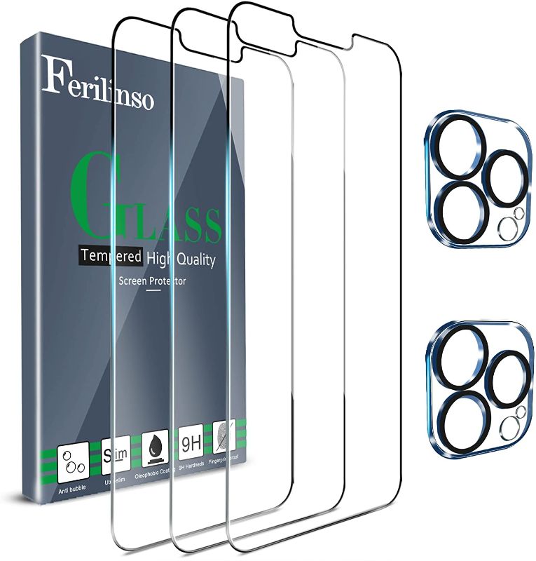 Photo 1 of Ferilinso Designed for iPhone 13 Pro Max Screen Protector, 4 pack of 3 (12 total) HD Tempered Glass with 4 pack of 2 (8 total) Camera Lens Protector, Case Friendly, 9H Hardness, Bubble Free, 5G 6.7 Inch, Easy Installation
