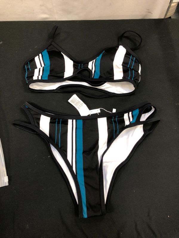 Photo 2 of CUPSHE Blue White And Black Striped Bikini Small