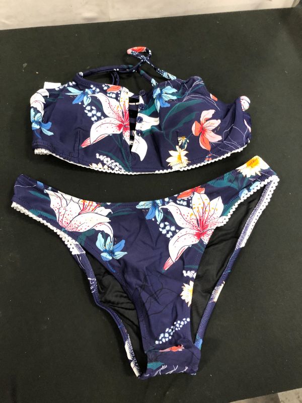 Photo 2 of CUPSHE Women's Low Rise Navy Floral Cutout Criss Cross Bikini Swimsuit Sets Medium