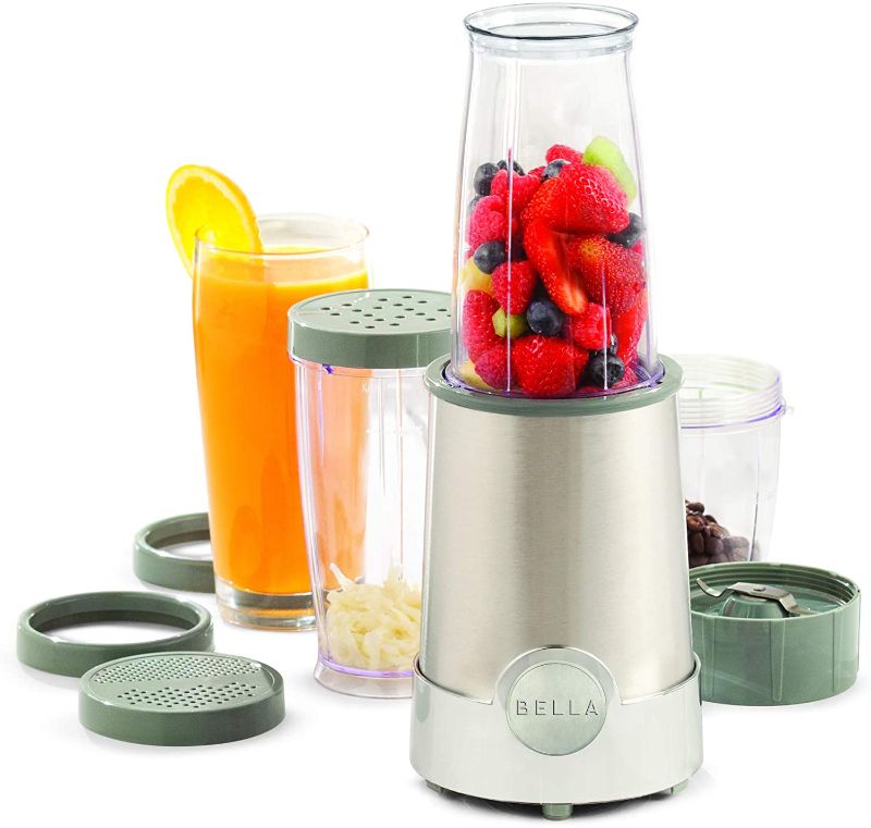 Photo 1 of  BELLA Personal Size Rocket Blender, Perfect for Smoothies, Shakes & Healthy Drinks, Easy Grinding, Chopping & Food Prep, 285 Watt Power Base, 12 Piece Blending Set, Stainless Steel/Black
