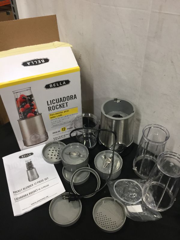 Photo 1 of  BELLA Personal Size Rocket Blender, Perfect for Smoothies, Shakes & Healthy Drinks, Easy Grinding, Chopping & Food Prep, 285 Watt Power Base, 12 Piece Blending Set, Stainless Steel/Black
