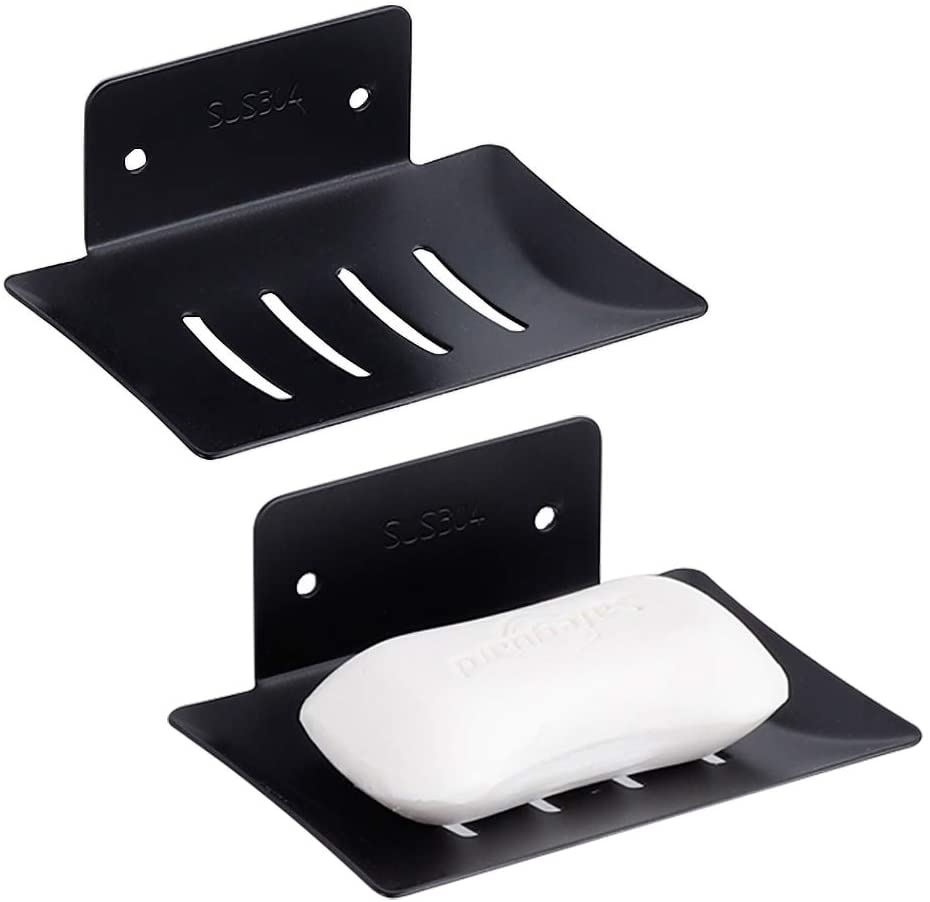 Photo 1 of 2pcs Soap Dish for Bathroom, Stainless Steel Soap Dish for Shower Kitchen, Easy Self Adhesive Soap Holder with Drain (Black) 2 pack 