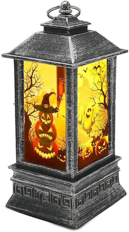 Photo 1 of 7.6" Portable Lanterns - Orange Candle Medium Size Vintage Style LED Night Lamp , Spooky Skeleton Owl Bat Castle Flame Lights Portable Pumpkin Lamp, Outdoor Indoor Lantern Decorative