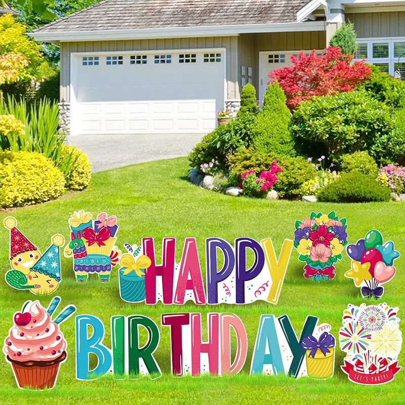 Photo 1 of      PARTYLIX Happy Birthday Yard Signs with Stakes - Outdoor Birthday Sign Set of 11 Pieces - Happy Birthday Letters and 6 Bonus Shapes (Cupcake, Balloons, Flowers, Emojis, Piñata & Rockets)                                                                