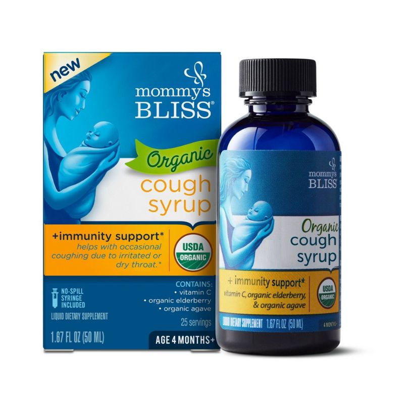 Photo 1 of Mommy's Bliss Organic Baby Cough & Mucus Syrup - Elderberry - 1.67 Fl Oz exp 07/2023