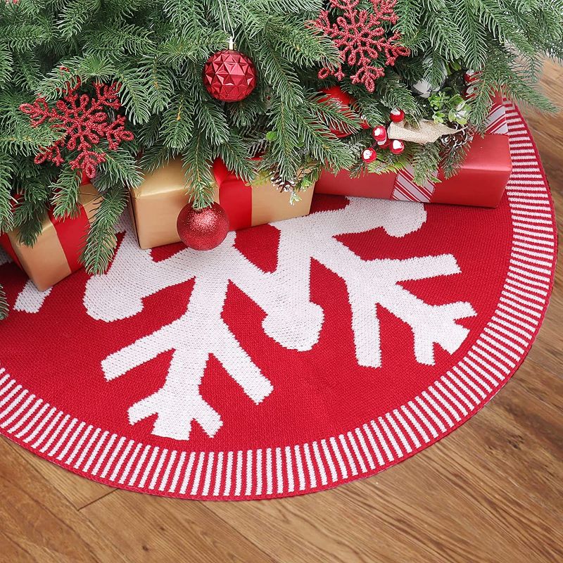 Photo 1 of 
LEVKIDS Knitted Christmas Tree Skirt, 32 Inches Rustic Snowflake Tree Skirt with Pom Poms for Christmas Decorations, Red