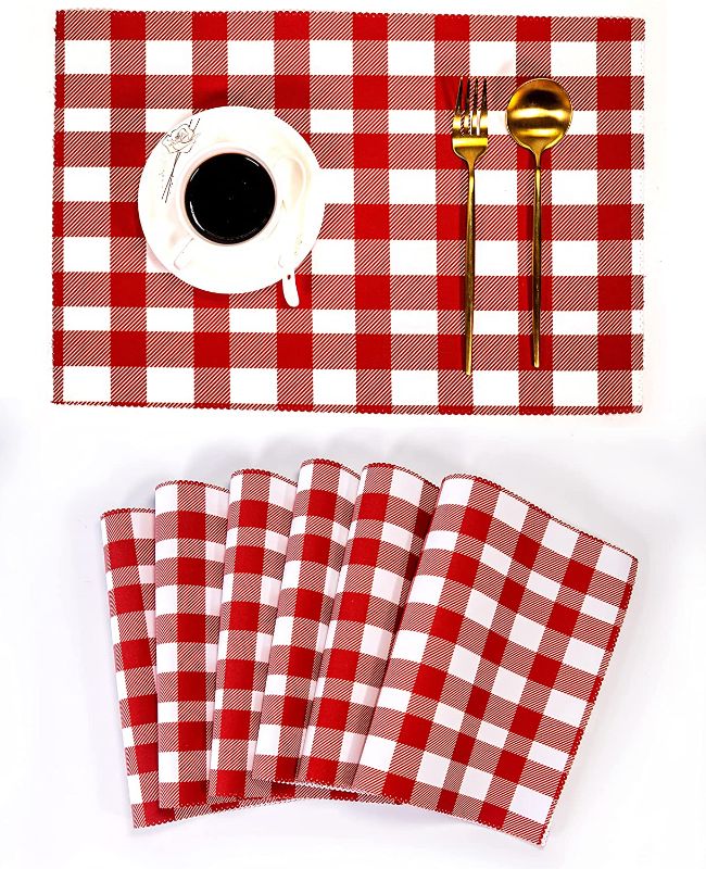 Photo 1 of Buffalo Plaid Checkered Kitchen Placemats - Check Winter Farmhouse Dining Patio Table Place Mat Set of 6 (Red / White Plaid )