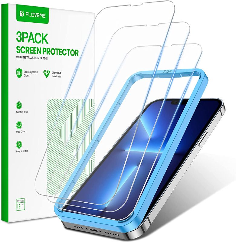 Photo 1 of Designed for iPhone 13 Screen Protector, FLOVEME [3 Pack] for iPhone 13 Pro 2021 6.1 inch 9HD Tempered Glass with [Easyframe Installation Tool]