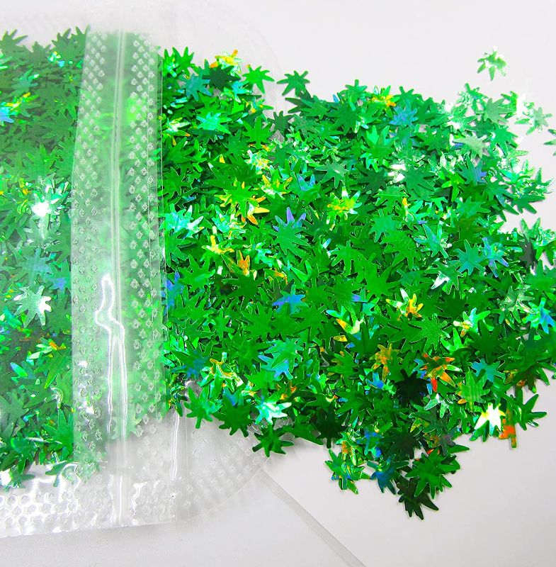 Photo 1 of 4 Colors Holographic Weed Leaf Chunky Glitter Flakes Iridesent Cannabis Leaves Glitters Confetti Sparkles Crafts Sequins Paints Epoxy Resin Accessories Festival Makeup Nail Art Decor 4bags 