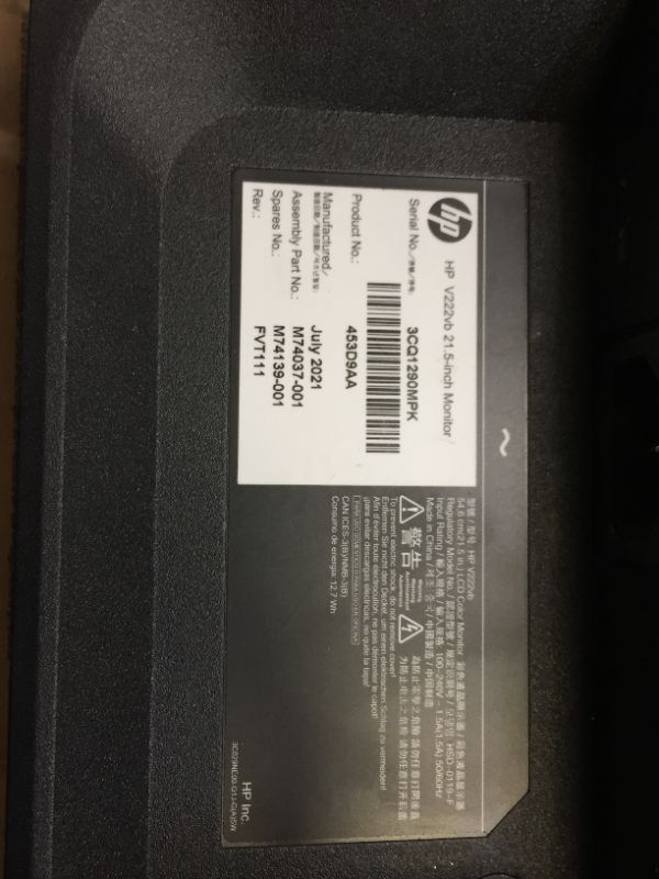 View 3 of HP V222vb FHD Monitor, 1080p VA Display, 75Hz Refresh Rate, 21.5-inch Computer Screen, TÜV Certified Low Blue Light Mode, Ergonomic Tilt, 3000:1 Contrast Ratio, HDMI & VGA Ports, VESA Mounting (2021) MISSING POWER CABLE.
