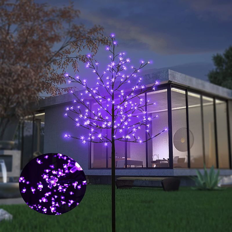 Photo 1 of LED Solar Lighted Cherry Blossom Tree,6Ft Light up Cherry Tree Outdoor with 200 Crystal Flower Detachable for Pathway Porch Yard Patio Garden Decor Holiday Decorations Christmas Easter Purple Glow
