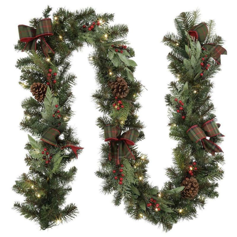 Photo 1 of 9 ft Battery Operated Mixed Pine 50 Warm LED Prelit Artificial Christmas Garland
