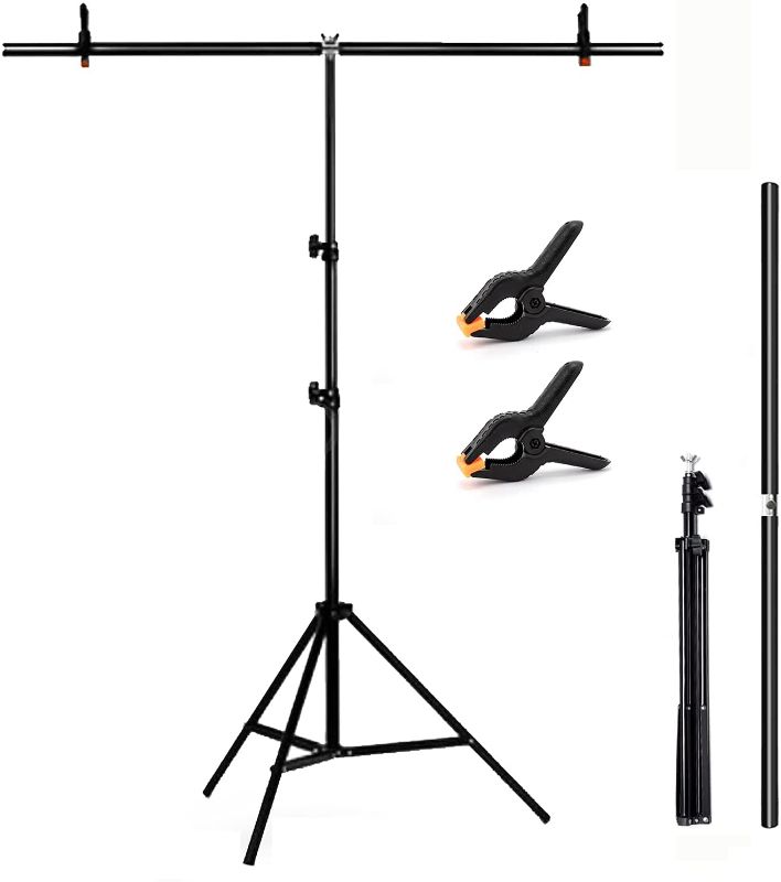 Photo 1 of T-Shape Background Stand Backdrop Support Kit 2.6ft Wide 6.6ft Tall Adjustable Photo Studio System with 2 Spring Clamps, BEIYANG
