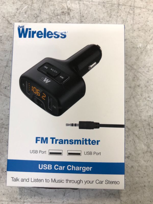 Photo 2 of Just Wireless FM Transmitter (3.5mm) with 2.4A/12W 2-Port USB Car Charger - Black
