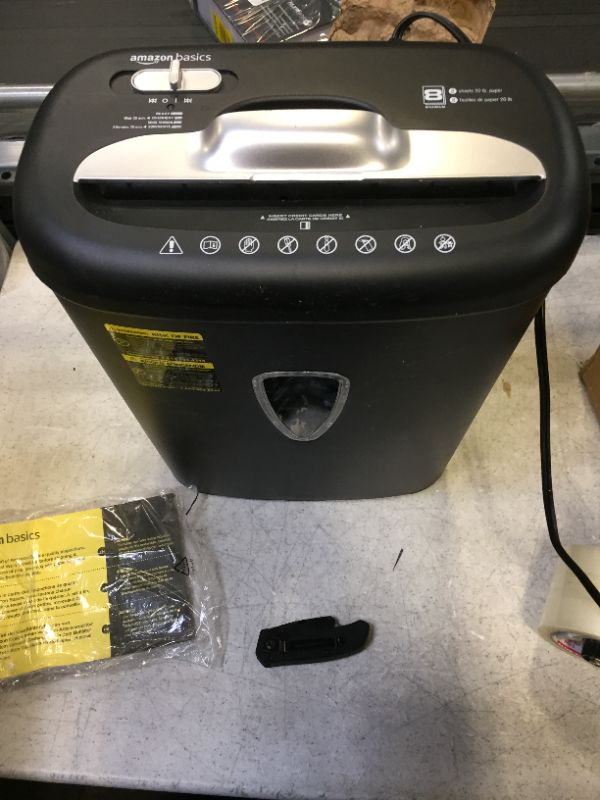 Photo 1 of Amazon Basics 8-Sheet Cross-Cut Paper and Credit Card Home Office Shredder, Quiet Working with 4.1-Gallon Bin, Black
