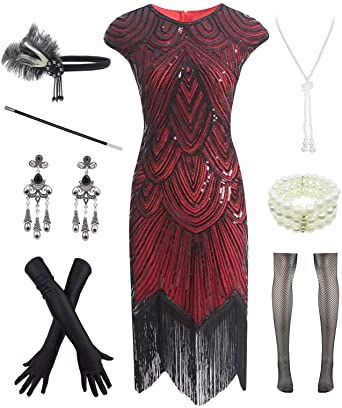 Photo 1 of  Women 1920s Vintage Flapper Fringe Beaded Gatsby Party Dress with 20s Accessories Set
