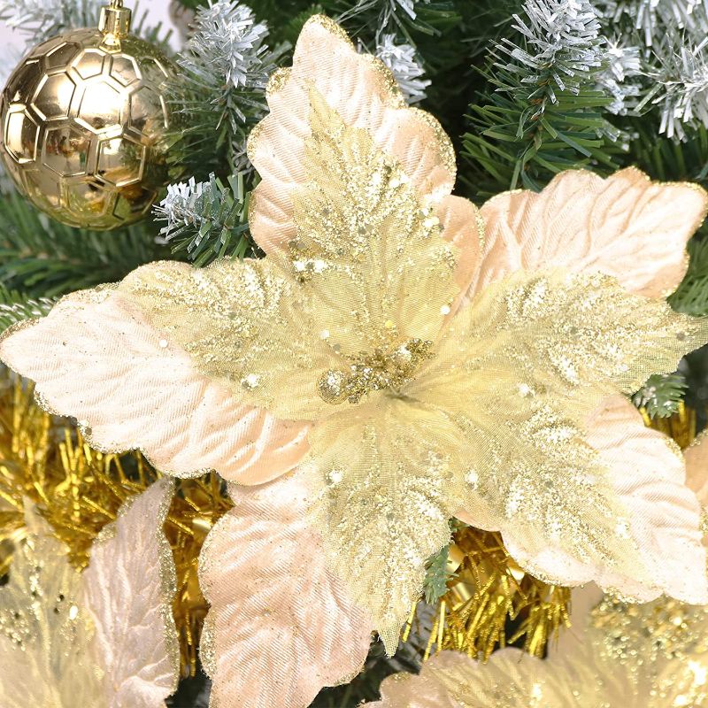 Photo 1 of 8" /6pcs, Xmas Glitter Artificial Poinsettia Silk Flowers Decoration, Wreath Plant Ornaments Christmas Tree Ornaments, for Silk Decorations Home Xmas Holiday Party - Champagne
