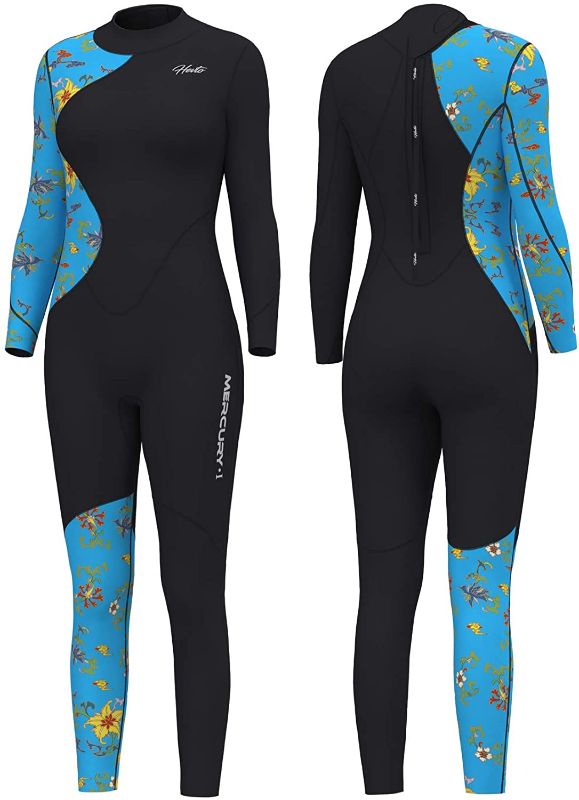 Photo 1 of Hevto Women Wetsuits 3mm Neoprene Full Scuba Diving Surfing SUP Suits Keep Warm Back Zip for Swimming Kayak, Blue Flowers, XL