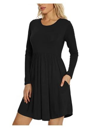 Photo 1 of LONGYUAN Women's Long Sleeve Casual T Shirt Dresses Swing Dress with Pockets, Black, Medium