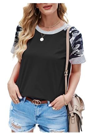 Photo 1 of Aifer Women's Summer Tops Color Block Tunics Casual Short Sleeve T Shirt Camo Striped Blouse Top, Black, XL