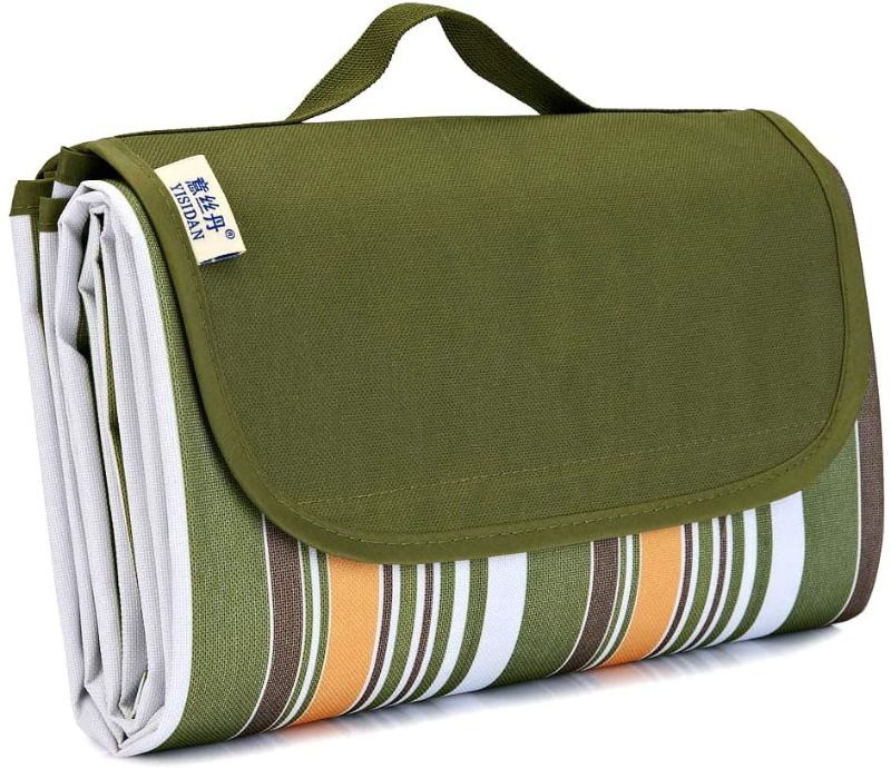 Photo 1 of zhurui Outdoor Picnic Blanket, Super Large Sand and Waterproof Portable Camping mat, Suitable for Camping and Hiking Holiday Lawn Park Beach mat (57"×78.7”, Army Green Stripes)
