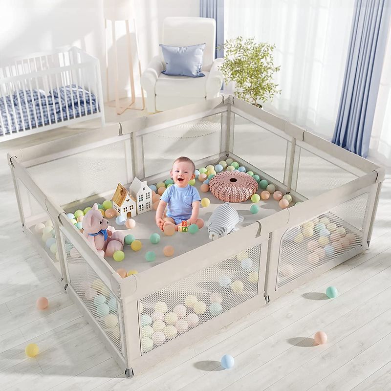 Photo 1 of Baby Playpen, Playpen for Babies (71x59x27inch), Kids Safe Play Center for Babies and Toddlers, Extra Large Playpen, Baby Playpen Fence Gives Mommy a Break GRAY NO MAT
