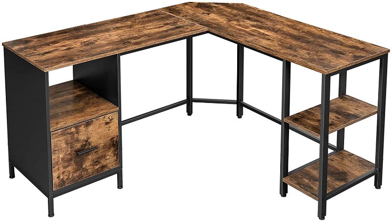 Photo 1 of VASAGLE ALINRU Corner Desk, L-Shaped Computer Desk, Home Office Desk with Shelves and Hanging File Cabinet, Space-Saving, Industrial, 53.9 x 59.1 x 29.5 Inches, Rustic Brown and Black ULWD75X BOX 1 ONLY MISSING BOX 2
