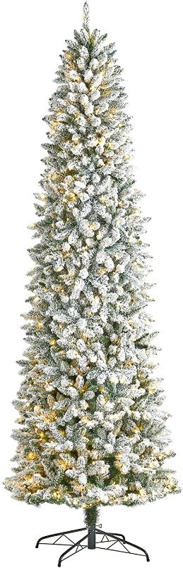 Photo 1 of 9ft. Slim Flocked Montreal Fir Artificial Christmas Tree with 600 Warm White LED Lights and 1860 Bendable Branches

