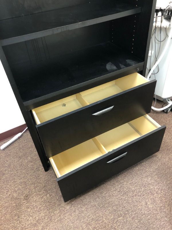 Photo 6 of 2 Drawer Wood 2 Tier Shelf Black Cabinet  72in H  X 19in D X 37in W. TOTAL.   34in W X 12in H DRAWERS.   SHELF SPACE IS 34in W AND 42in H