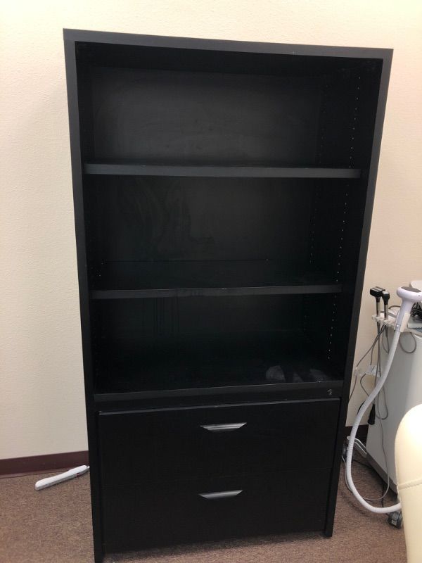 Photo 4 of 2 Drawer Wood 2 Tier Shelf Black Cabinet  72in H  X 19in D X 37in W. TOTAL.   34in W X 12in H DRAWERS.   SHELF SPACE IS 34in W AND 42in H