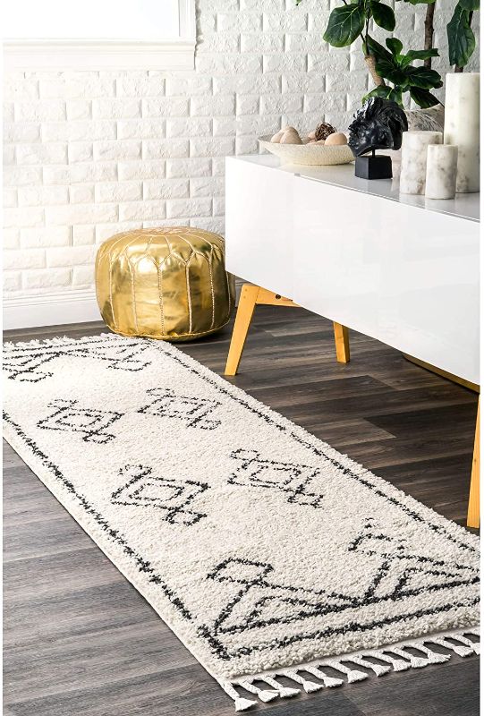 Photo 1 of nuLOOM Mackie Moroccan Diamond Tassel Shag Runner Rug, 2' 6" x 10', Off-white
